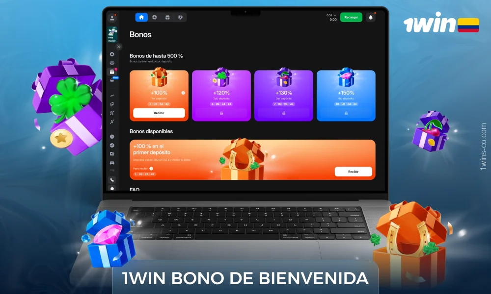 El bono de bienvenida de 1WIN en Colombia es del 500% y se divide en cuatro partes