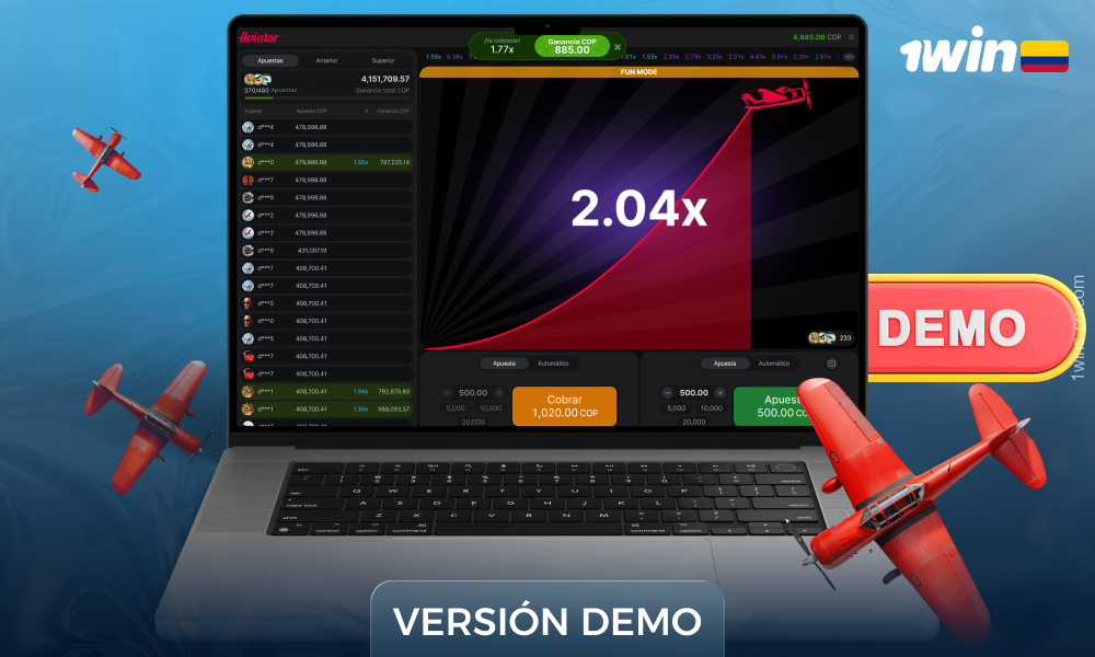 La demo Aviator 1WIN permite a los jugadores colombianos jugar gratis sin arriesgar dinero